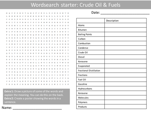 Science Chemistry Crude Oil Fuels Wordsearch Crossword Anagrams