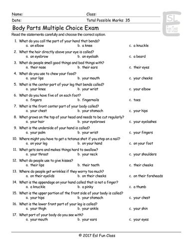 body parts multiple choice exam teaching resources