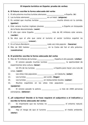 Spanish A Level Impact of Tourism in Spain Verbs Conjugation Practice ...