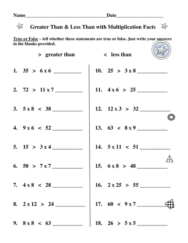  Greater Than Less Than Multiplication Facts AND Division Facts 5 Worksheets Teaching Resources