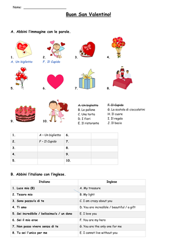 Italian Valentine's Day Worksheet