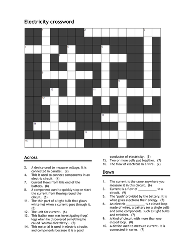 Electricity crossword Teaching Resources