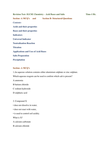 Revision Test- IGCSE Chemistry – Acid Bases and Salts                                       Time-1 H