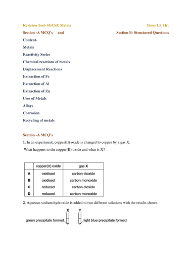 Revision Test-IGCSE Chemistry-  Metals