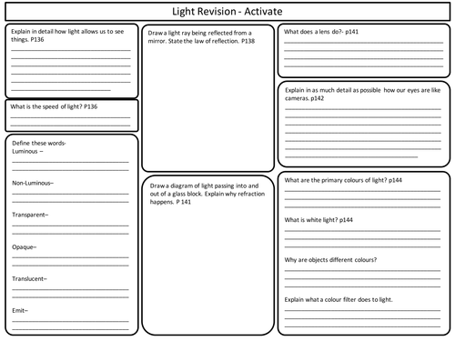 KS3 Light revision sheets for Activate Science