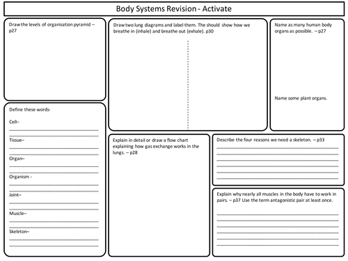 KS3 Body Systems revision sheets for Activate Science