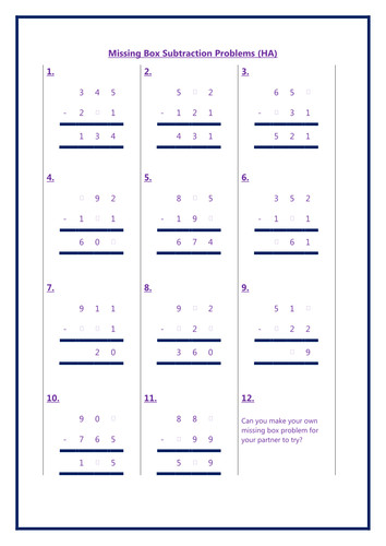 Missing box column subtraction problems - Year 3 /4 L KS2 Differentiated Maths