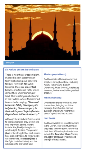 WJEC Eduqas Information Pages Revision Sheets for Islam: Six Articles ...