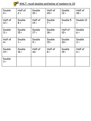 Year 2- Recall doubles and halves to 20- Objective from the interim framework