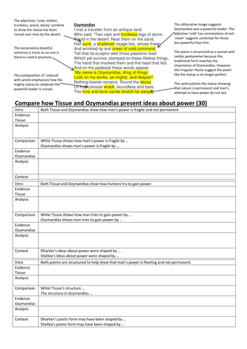 Writing frame to compare Ozymandias and Tissue (Power and Conflict) with helpful annotations.