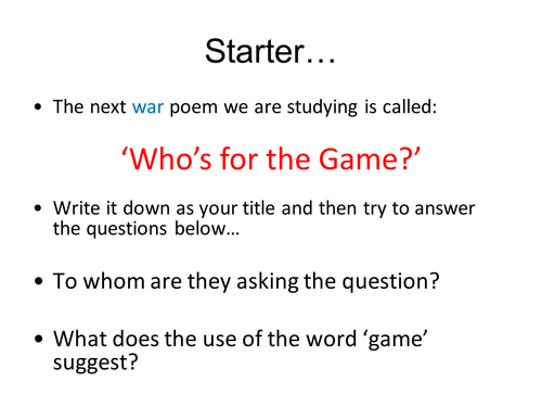 Who's for the Game? by Jessie KS3 War Poetry Analysis | Teaching Resources