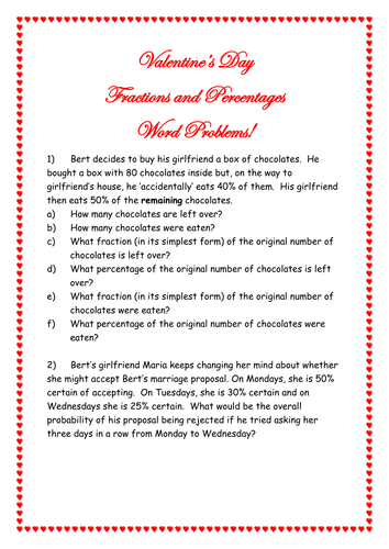 CfE level 2 Valentines Day Fractions and Percentages Word Problems