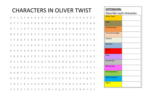 Characters in Oliver Twist wordsearch