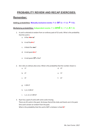 Probability Exercises Year 9 Mutually Exclusive Events And Independent Events Teaching Resources