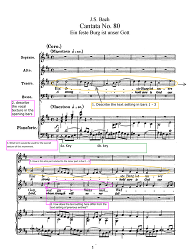 Analysis Questions - Worksheet for Bach Cantata BWV 80 MVT 1 Edexcel Music AS and A Level