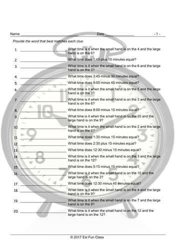 Telling Time Matching Vocabulary Worksheet | Teaching Resources
