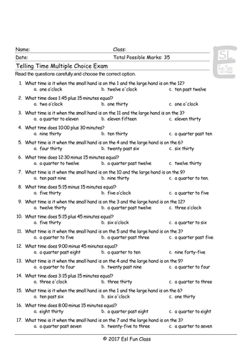 telling time multiple choice exam teaching resources