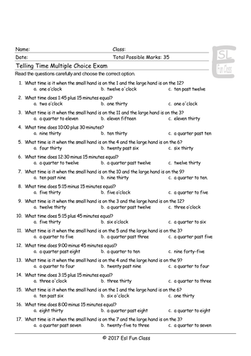 Telling Time Multiple Choice Worksheets