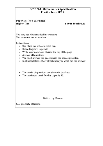 9-1 Maths Questions 1H  Set 2