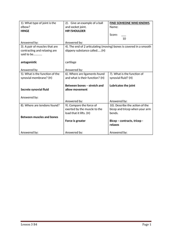 KS3 Unit 7C Biology - Fit and Healthy (7c Skeleton 7d Joints, muscles ...