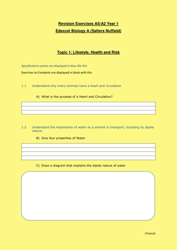 Revision booklet for Edexcel Biology A Topic 1 - Lifestyle, Health and Risk Salters - Nuffield AS/Ye
