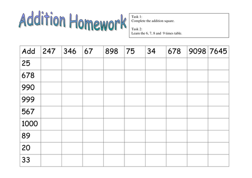addition homework year 6
