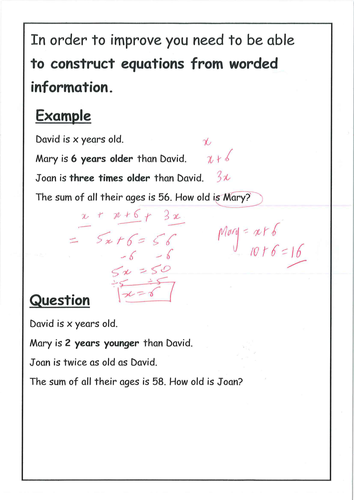 Algebra 2-step equation Feedback Sheets