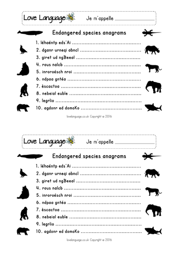 French endangered animals worksheets