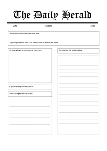 Tabloid And Broadsheet Newspaper Templates For Student Articles Teaching Resources