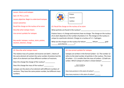 Physics / combined science OCR. Atoms and isotopes learning / revision mat new spec P6.1 a,b & c