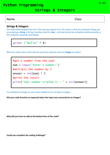 Python Programming - Lesson 3 - Strings & Integers - FULLY RESOURCED ...