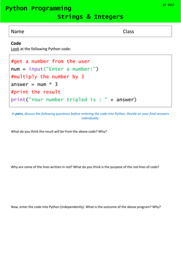 Python Programming - Lesson 3 - Strings & Integers - FULLY RESOURCED LESSON!