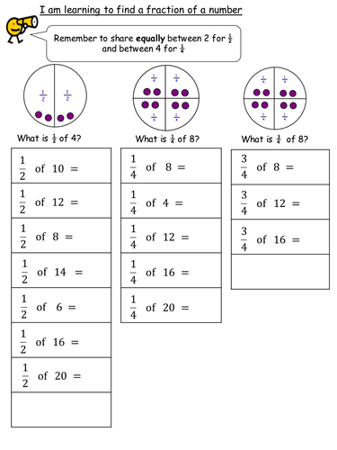 differentiated fractions of a number worksheets for year 1 and 2