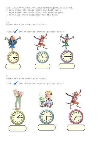 ks1 roald dahl telling the time quarter past worksheet