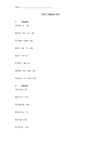 2 tests -  algebra test collecting terms and expanding brackets year 7