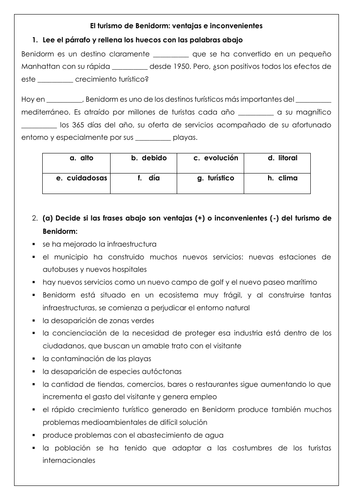 Spanish A Level el impacto del turismo en España: impact of mass tourism in Benidorm