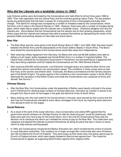 Revision Notes: Why did the Liberals win a landslide victory in 1906?
