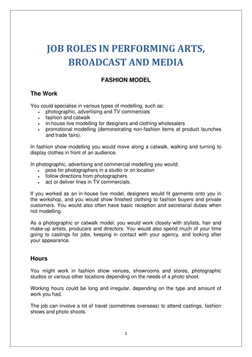 CAREERS INFORMATION - JOB ROLES IN PERFORMING ARTS, MEDIA AND BROADCASTING