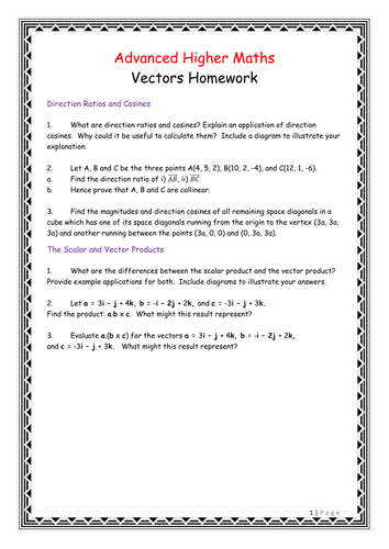Advanced Higher Maths Vectors Homework Booklet With Worked Solutions