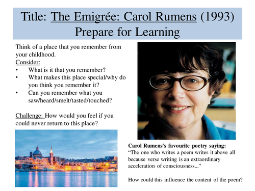 The Emigree by Carol Rumens Lesson: AQA English Literature | Teaching ...