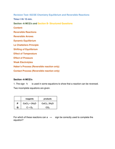 Revision Test- IGCSE Chemistry Equilibrium and Reversible Reactions              Time-1H 15 min