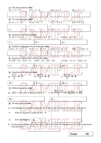 Half lesson, one sheet test on solving all Linear Equations