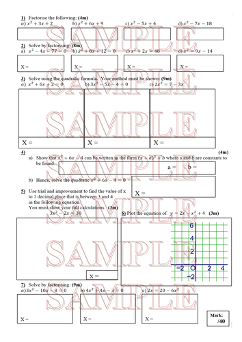 Half lesson, one sheet test on Solving Quadratic Equations