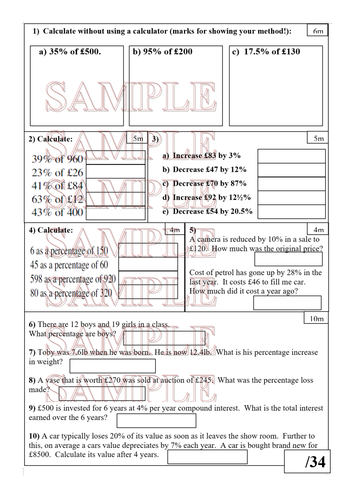 Half lesson, one sheet test on all percentage questions in the GCSE