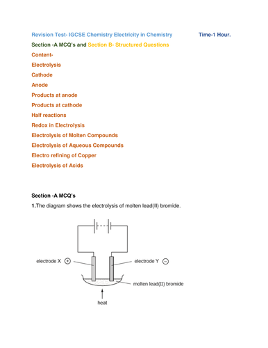 Revision Test- IGCSE Chemistry Electricity in Chemistry                  Time-1 Hour