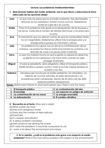 Spanish GCSE los problemas medioambientales: environmental issues reading comprehension & vocab