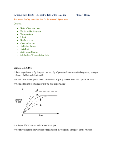 Revision Test- IGCSE Chemistry Rate of the Reaction                  Time-1 Hour.