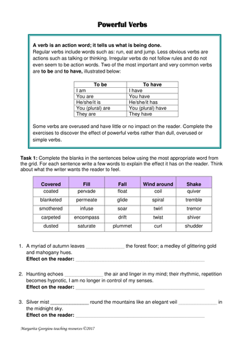 Using powerful verbs in descriptive and creative writing