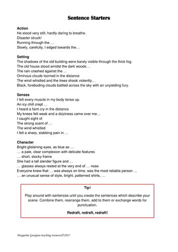 sentence starters and writing checklist for creative writing support. peer/self assessment