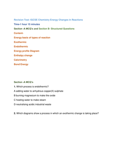 Revision Test- IGCSE Chemistry Energy Changes in Reactions